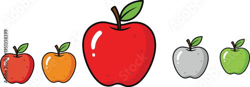 Vector illustration set showing five cartoon apples in different colors and sizes, including red, orange, gray, and green variations with leaves