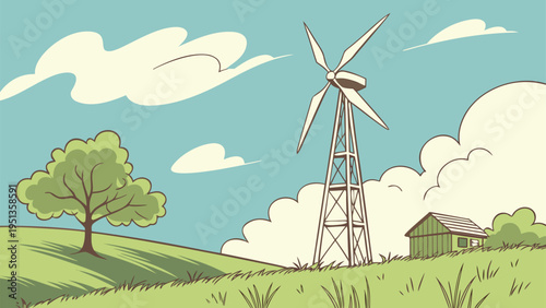 Wind turbine illustration stands prominently on a green rolling hill landscape featuring a small cottage and leafy tree under a cloudy blue sky.