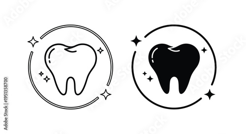 Two tooth icons one outlined and one solid with sparkling details silhouette