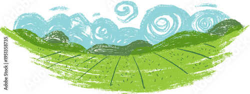 Panoramic illustration of green agricultural field with rows leading to the horizon under dramatic spiral blue clouds. Scribble vector background for children book or game in cartoon doodle style 