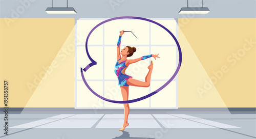 Artistic gymnast performs an elegant ribbon routine in a bright, spacious studio