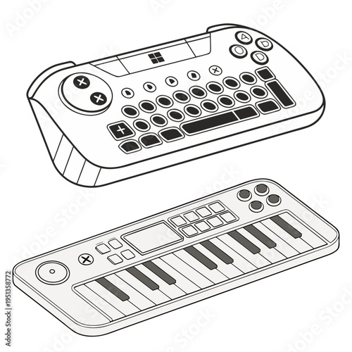 Isolated musical keyboard illustration, midi synthesizer, electronic musical instrument, Hand holding newspaper icon vector illustration.