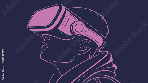 Virtual reality headset worn by a person in a minimalist neon line art illustration, exploring the metaverse and gaming in a digital space.