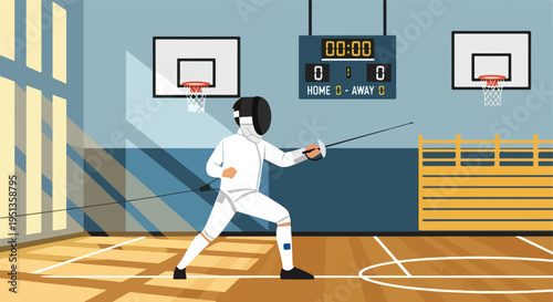 Fencer in a gymnasium with basketball hoops and scoreboard