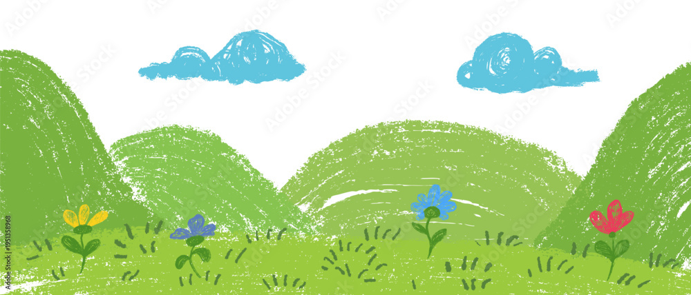 Obraz premium Beautiful panoramic scene of green meadow dotted with simple yellow blue and red flowers with hills in distance. Scribble vector background for children book or game in cartoon doodle style