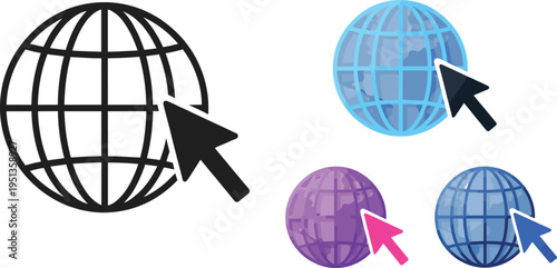 Vector illustration set showing four globe icons with cursors pointing, symbolizing internet access and web navigation in black, blue, purple, and dark blue variations