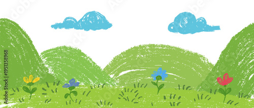 Beautiful panoramic scene of green meadow dotted with simple yellow blue and red flowers with hills in distance. Scribble vector background for children book or game in cartoon doodle style