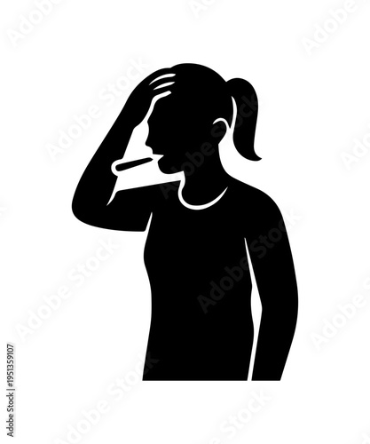 Sick female person with a thermometer in mouth silhouette