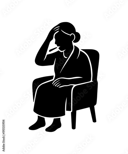 Woman suffering from headache, checking temperature with thermometer