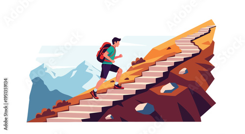 Adventurer ascends rocky mountain steps with backpack, towards distant peaks