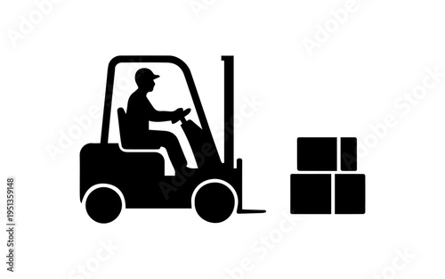 Forklift driver moving cargo boxes in warehouse logistics