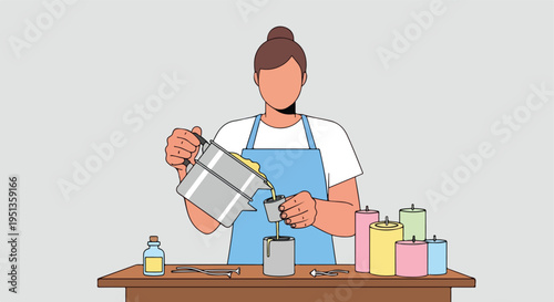 Person in apron pouring liquid from a pitcher into a container, making candles