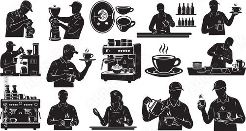 Barista making coffee and serving customers in a cafe