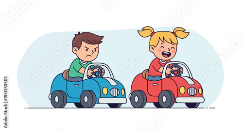 Two children race in cartoon cars, one looking angry, the other gleeful