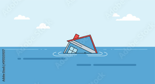 A house is sinking into the ocean, with clouds in the sky