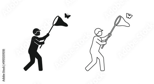 A person attempting to catch butterflies with a net shown in two variations