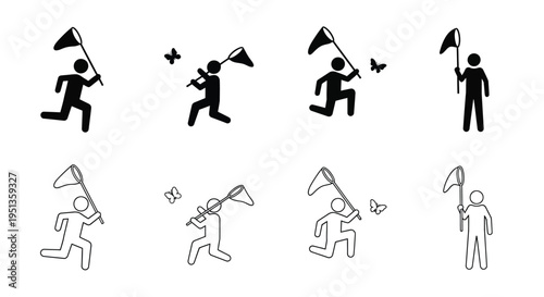 Stick figures chasing butterflies with nets in various poses