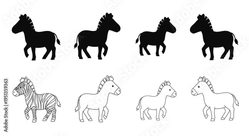 Zebra silhouettes and line drawings showcasing different poses and styles