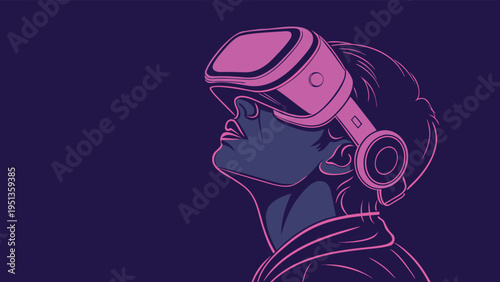 VR headset illustration showing a person wearing digital goggles and headphones looking upward against a dark purple background for gaming and metaverse concepts.