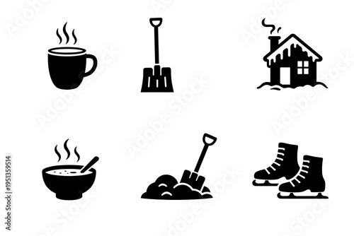 Black winter lifestyle icon set with hot drink, shovel, cabin, soup bowl, snow work and ice skates. Ideal for seasonal graphics, cold weather routines and holiday design.