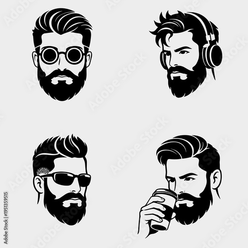Collection of four hipster male heads with round glasses, headphones, sunglasses and coffee cup in black silhouette. Creative barber, music and lifestyle avatar set.