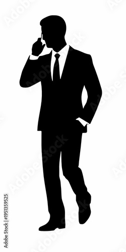 Black silhouette of a businessman talking on smartphone in a formal standing pose. Corporate communication, negotiation, mobility, and professional lifestyle concept.