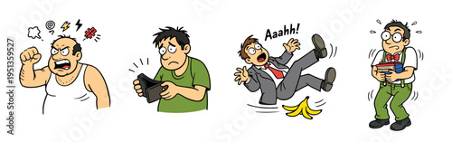 Set of funny cartoon mishap scenes featuring anger, phone addiction, slipping and nervous shaking. Humorous daily life problem collection isolated on white for comics and stickers.