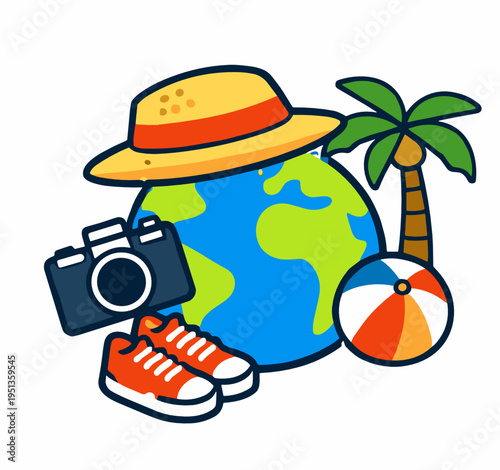 Bright summer travel vector featuring globe, camera, palm tree, beach ball, sneakers and sun hat. Ideal for vacation, tropical tourism, holiday branding and travel blog design.