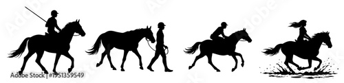Set of horse silhouettes showing riding, leading, training, and running through water. Dynamic black vector collection for equestrian sport, ranch life, motion, and animal lifestyle themes.