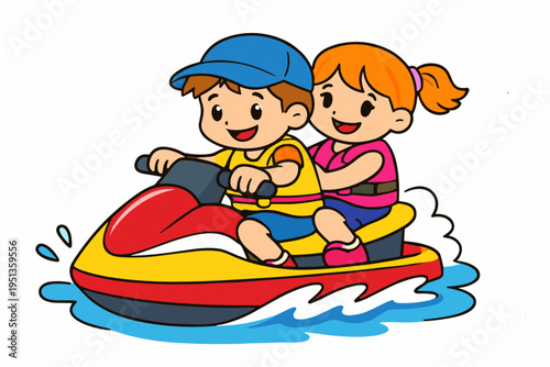Two happy children ride a colorful jet ski across splashing water in a playful summer scene. Fun vacation, adventure sport and family leisure concept.