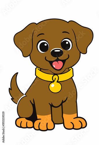 Brown puppy with floppy ears and a yellow collar sits in a simple friendly pose. Warm pet illustration for children design, veterinary clinics, rescue posters, and stickers.