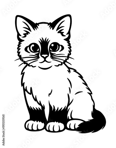 Long-haired kitten with dark tail and shaded ears in black and white outline style. Cute pet character vector for coloring sheets, nursery graphics and animal-themed prints.