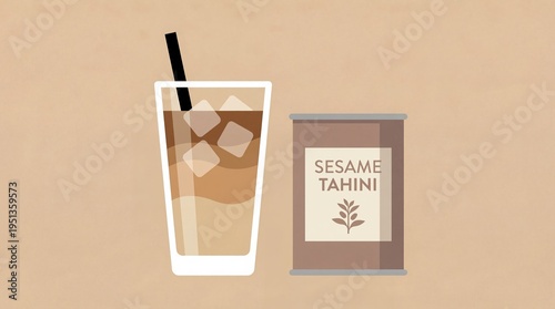 Illustration of a glass of iced coffee with a black straw beside a can of sesame tahini on a beige background
