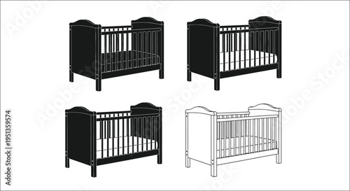 Four perspectives of a classic dark colored wooden baby crib