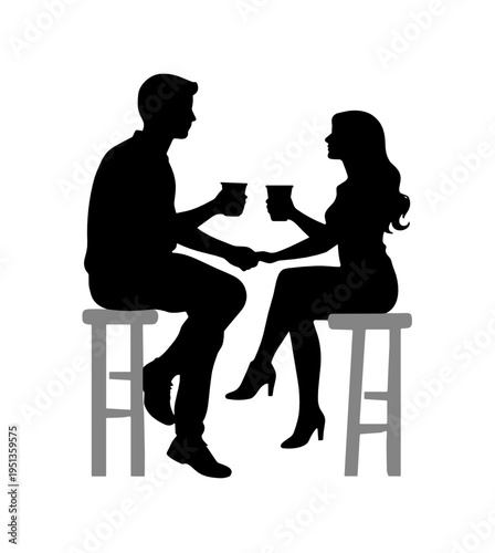 Silhouette of a man and woman sitting on bar stools with drinks. Stylish dating vector for cafe, bar, conversation, nightlife, relationship and leisure concepts.