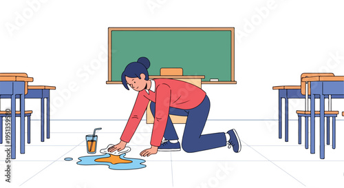 A person cleans up a spilled drink in a classroom setting with desks and a chalkboard