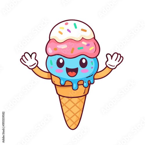 Cheerful melting ice cream mascot with raised hands and sprinkles. Sweet dessert character vector for summer branding, kids products, menu graphics, stickers and cafe promotions.