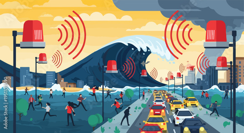 Warning sirens sound as a colossal wave crashes towards a city with fleeing people and traffic