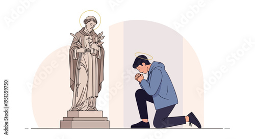 A person kneels in prayer before a statue of a saint with a halo