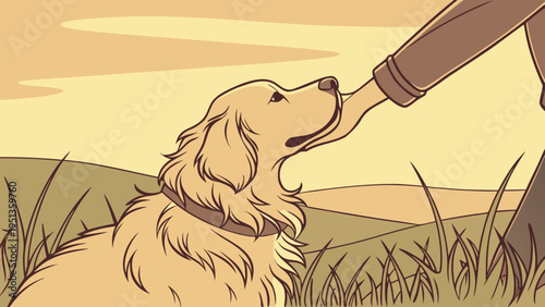 Golden Retriever dog illustration showing a human hand gently petting the animal under its chin in a grassy field during a warm sunset