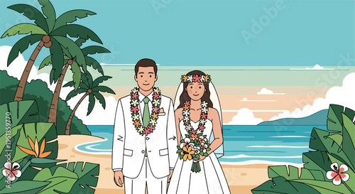 Tropical wedding couple with leis on sandy beach, ocean backdrop