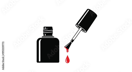 Black nail polish bottle and brush with a red droplet silhouette