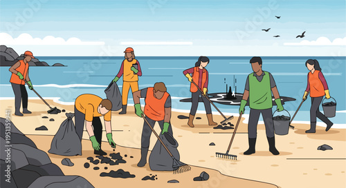 Diverse group cleans beach pollution and oil spill with rakes and bags