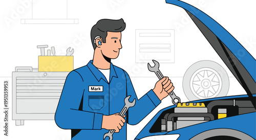 A mechanic with a hearing aid works on a car engine in a workshop