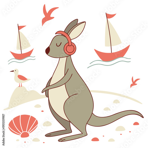 Whimsical Kangaroo feeling Bashful in a Beach day setting with wearing headphones – colored in Ocean Breeze