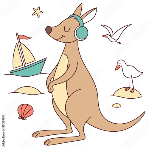 SVG art: A Amused Kangaroo in a Beach day vibe with wearing headphones, tinted with Ocean Breeze tones
