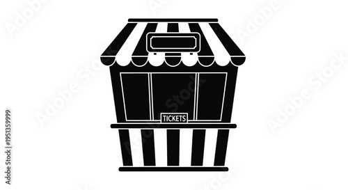 Black and white ticket booth illustration with striped awning silhouette