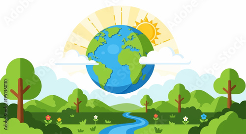 Earth in a serene natural landscape with sun trees and a winding river representing a peaceful environment and eco friendly living