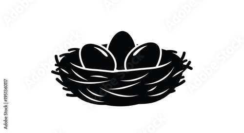 A black bird s nest with eggs depicted in striking silhouette