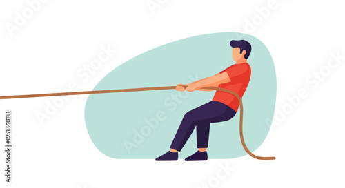 Person in red shirt pulling a thick rope with all their might